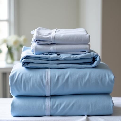 A neatly folded stack of premium blue and white bed linen.